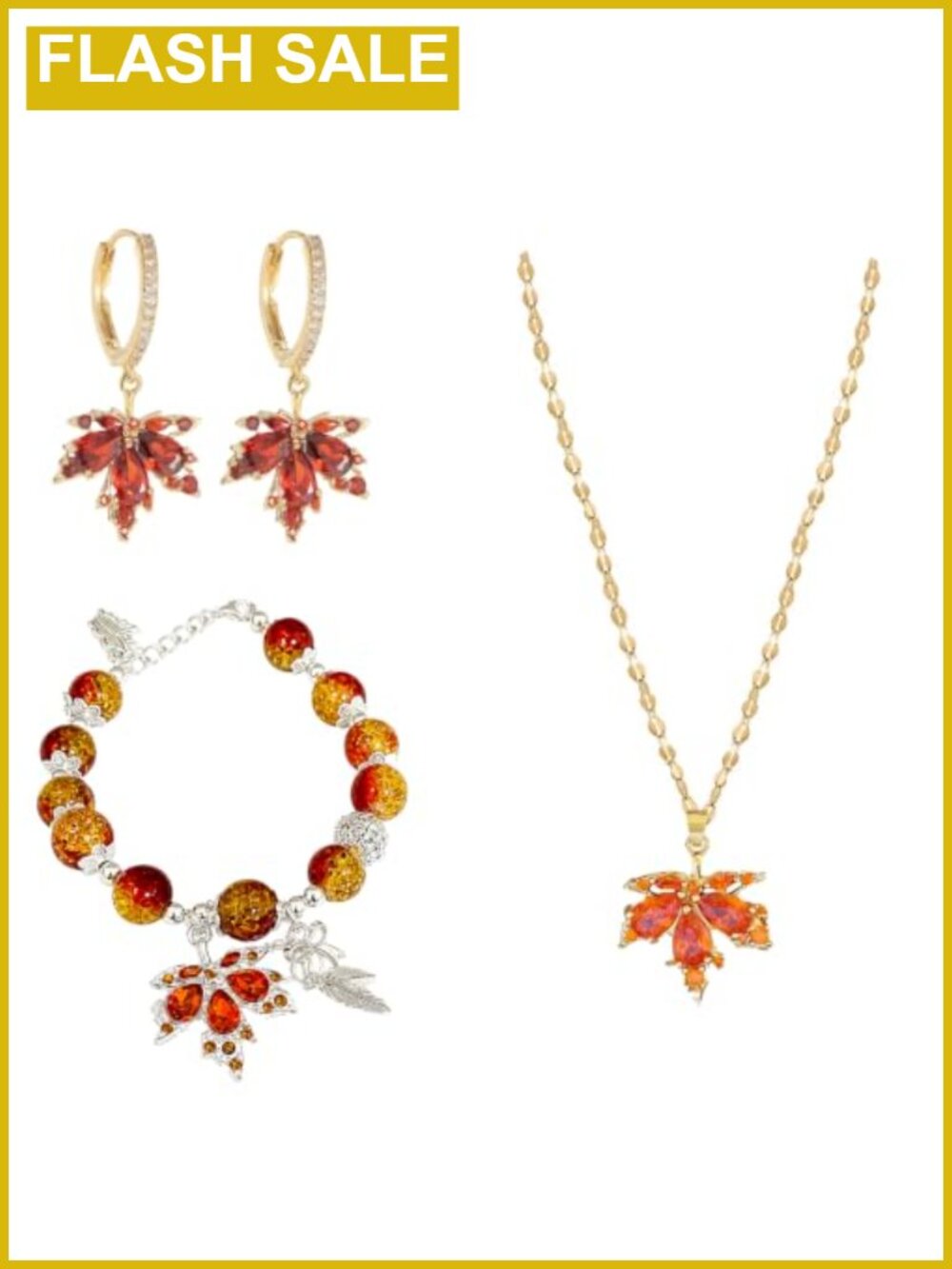 3 Pc Alloy Crystal Rhinestone Maple Leaf Jewelry Set Necklace Earrings Bracelet